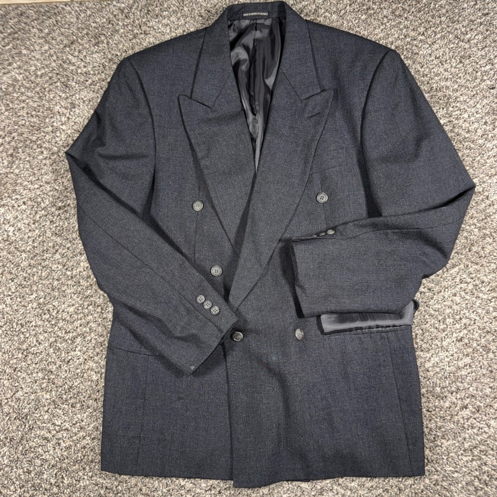 Vintage Pierre Balmain Mens 40R Double Breasted Wool Blazer Charcoal Grey Jacket